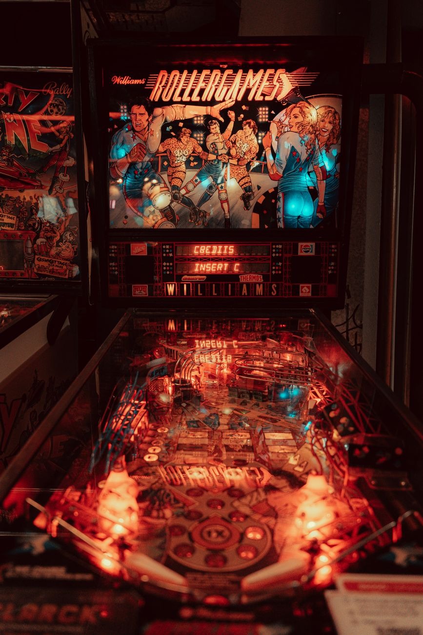 Retro arcade lounge atmosphere with neon lighting